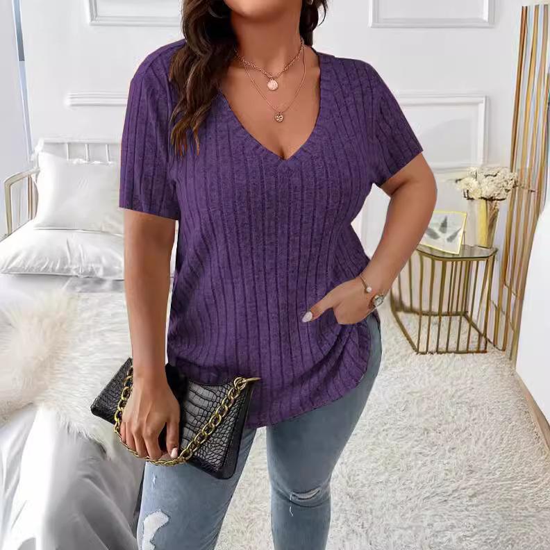 Frühling und Sommer Reine Farbe Elegant Top V-Ausschnitt Rippstrick Pullover Kurzärmelig Übergröße Damen T-Shirts