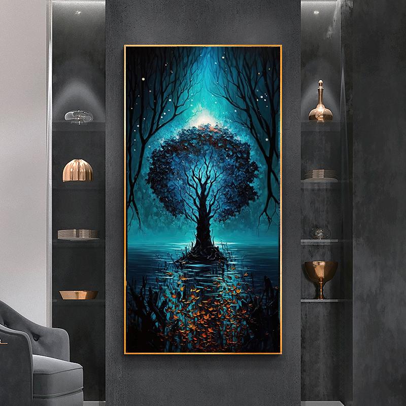 Mørk Skog Livets Tre Lerret Maleri Veggkunst Magisk Skog Landskap Plakater og Trykk for Veranda Stue Dekor Cuadros