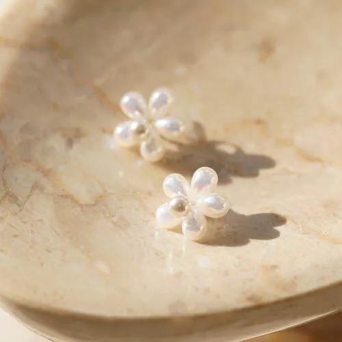 Silver 925 Cubic Flower Aurora Bold Pearl Earrings
