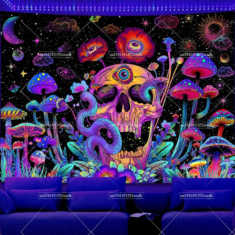 Skeleton Eye Blacklight Mushroom Tapestry UV Reactive Sun And Moon Neon Tapestrys Glow In The Dark Aesthetic Room Decor Posters