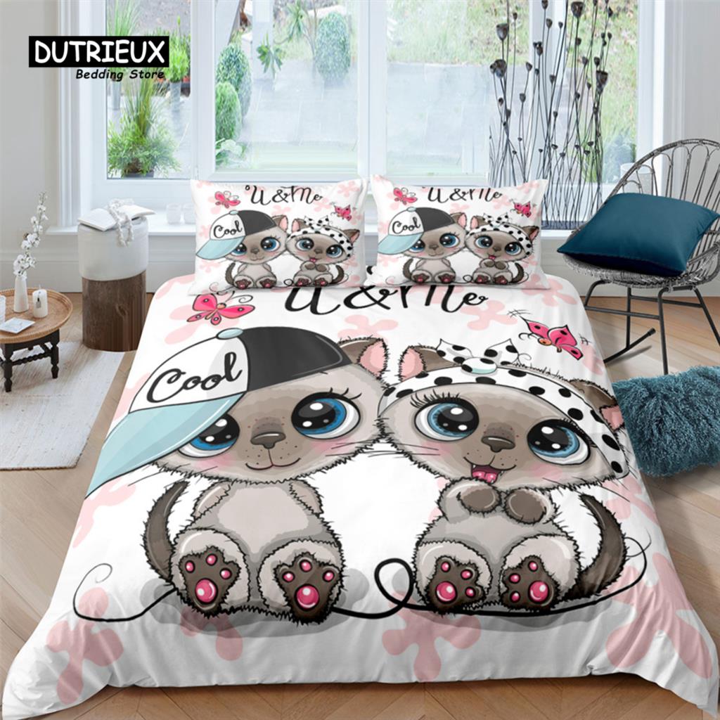 Home Textiles Luxury 3D Cartoon Cat Print 2/3Pcs Comfortable Duvet Cover PillowCase Bedding Set Queen and King EU/US/AU Size