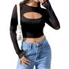Sexy Chest Hollow Out Mesh Patchwork Long Sleeve Mini T Shirt Slim Top Women Fashion Daily Basic Office Lady Casual Slim Fit Ladies Elegant Top