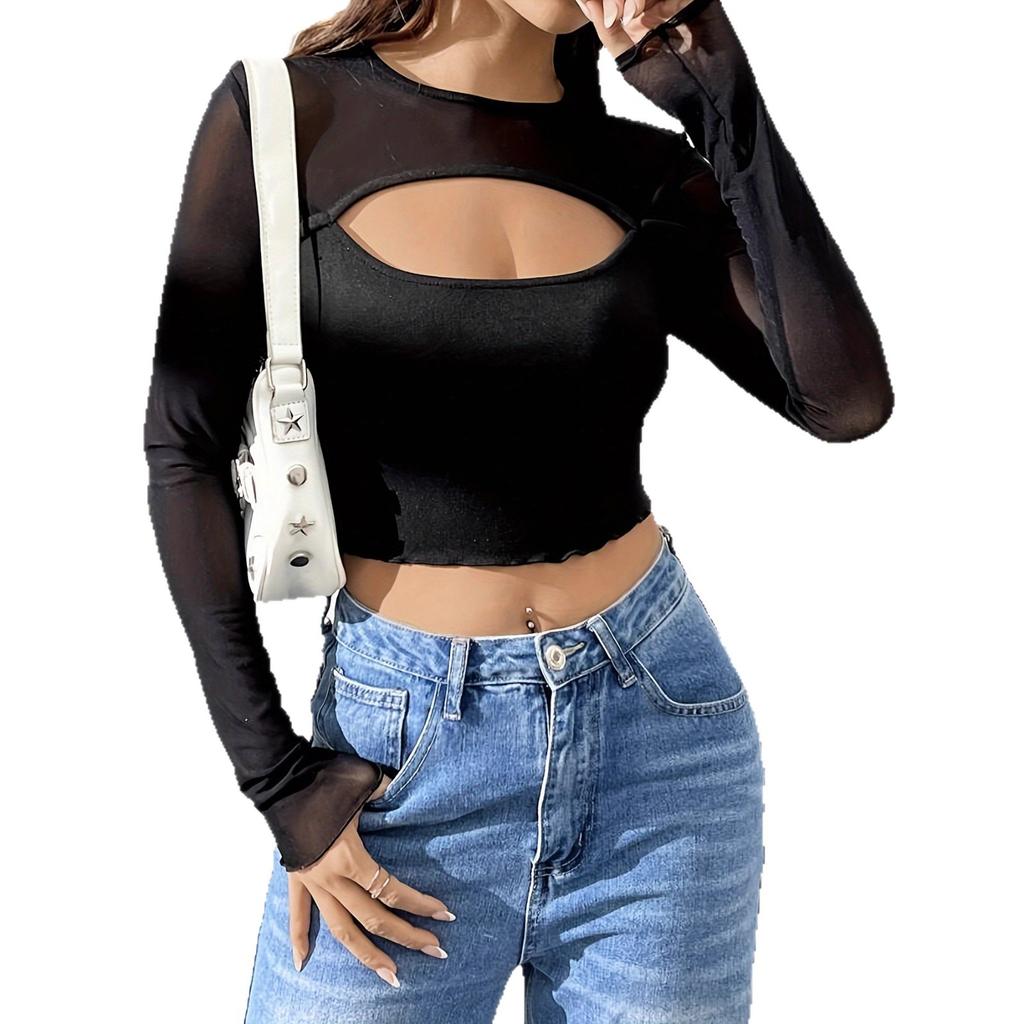 Sexy Chest Hollow Out Mesh Patchwork Long Sleeve Mini T Shirt Slim Top Women Fashion Daily Basic Office Lady Casual Slim Fit Ladies Elegant Top