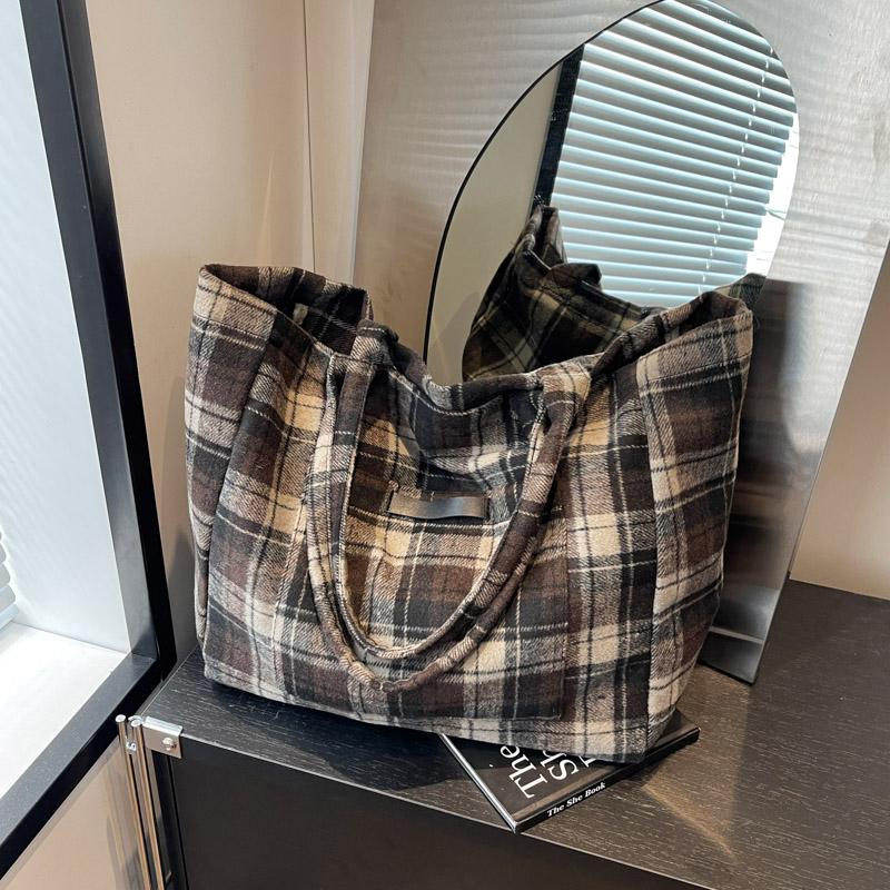 Woolen Plaid Big Bag Women's Portable Tote Bag Commuter Shoulder Bag
