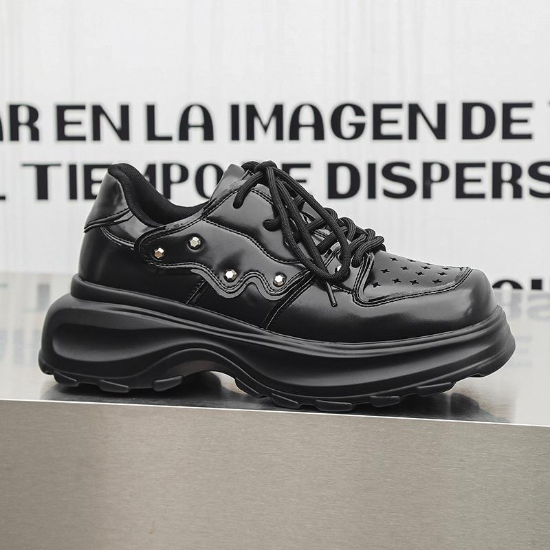 

Ретро кожаные туфли мужские британские весна-осень 2025 новые модные туфли на шнуровке с неглубоким воротом универсальные туфли на платформе маффин 3322-J 44 чёрный