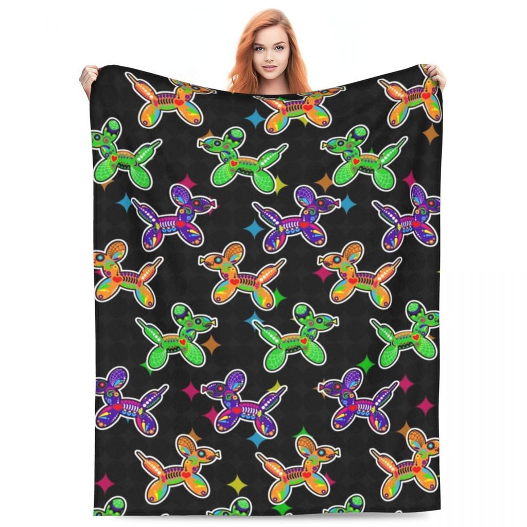 Sugar Skull Balloon Dogs Blanket Rainbow Camping Flannel Throw Blanket Warm Soft Couch Bed Custom DIY Bedspread Gift
