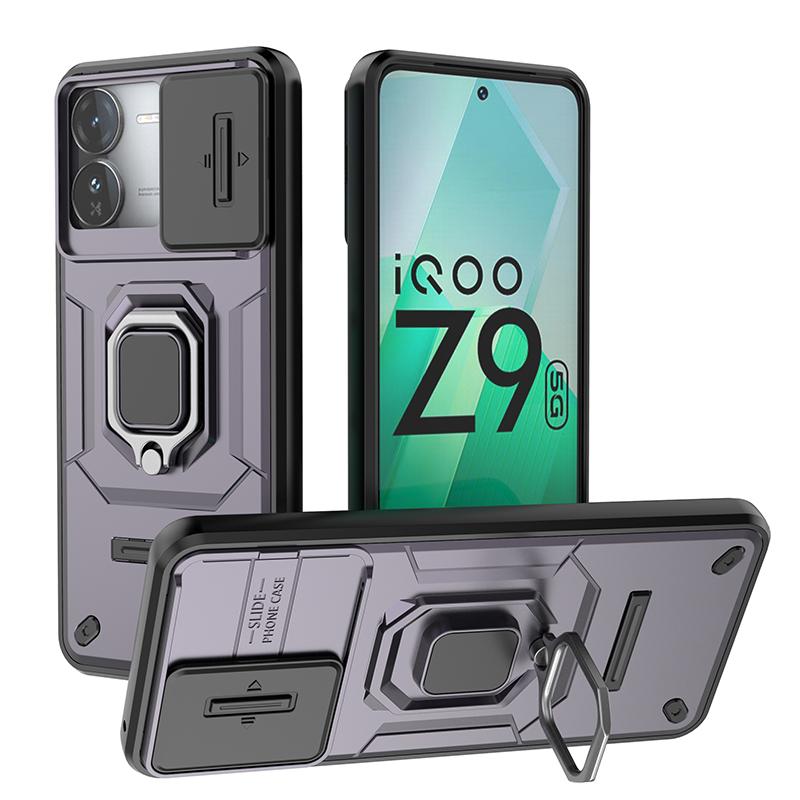 

Для vivo iQOO Z9 Z9x Turbo Plus Battle Bear Slide Push Window TPU + PC противоударный металлический чехол с магнитной адсорбцией для автомобиля iQOO Z9 Turbo+ фиолетовый