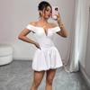 Europe and the United States Summer Hot-selling One-word Shoulder Deep V-neck Dress, New Pleated Shoulder Sleeves Sexy Backless Short Skirt