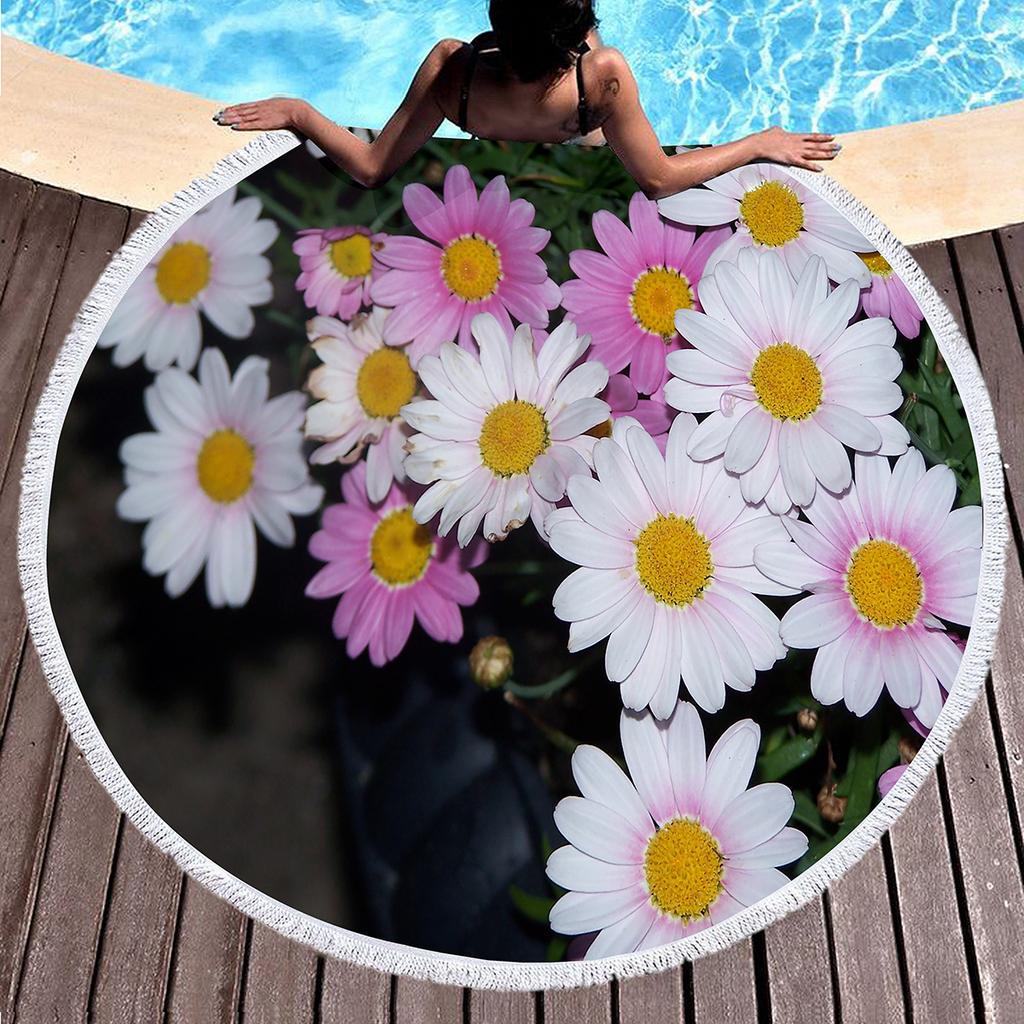 Floral Daisy Round Beach Towel,Microfiber Beach Blanket Sand Free Quick Dry Swim Pool Bath Circle Towel with Tassel for Teen Men