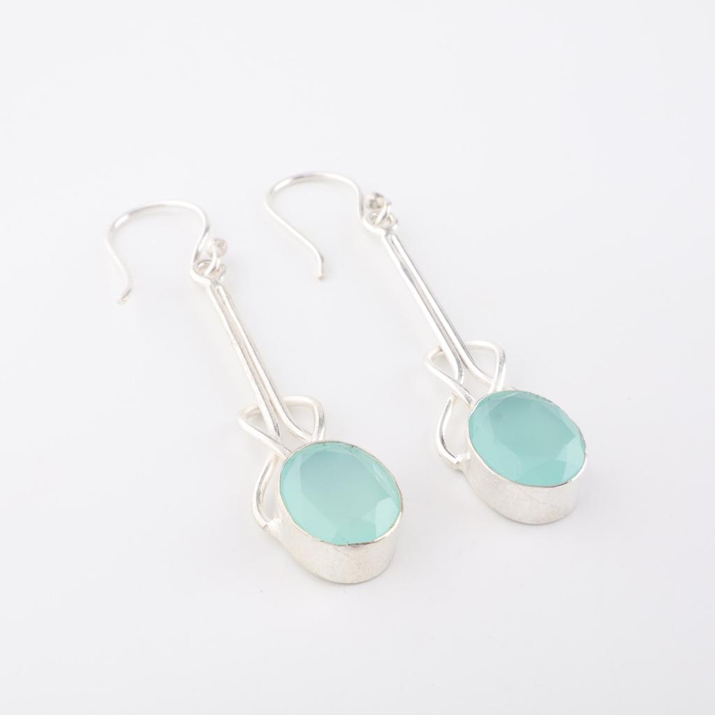Aqua Chalcedony Gemstone 925 Sterling Silver Jewelry Handmade Earrings 1.76" EE-171-17