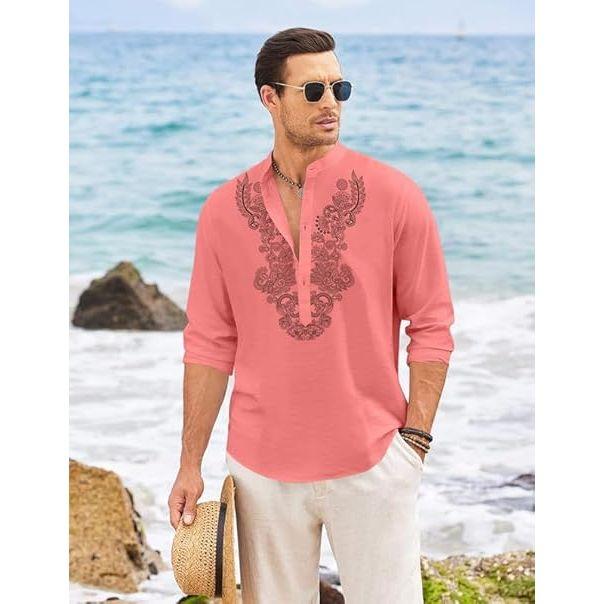 Męska bawełniana krótka kurta z długim rękawem i etnicznym dekoltem | Casualowa kurta o pogniecionej fakturze ze stójką