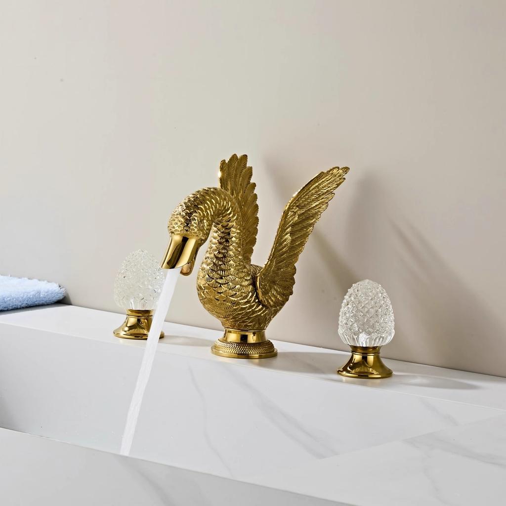 Tuqiu Gold Swan Bathroom Faucet Widespread Sink Tap Brass Basin Faucet Sink Faucet Antique Crystal Handle Hot & Cold Water Tap