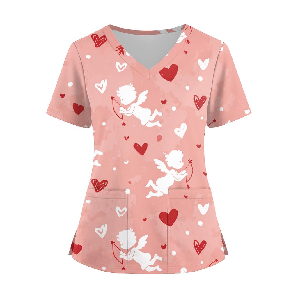 Damenmode V-Ausschnitt Kurzarm Overalls mit Taschen Print Tops Kleidung