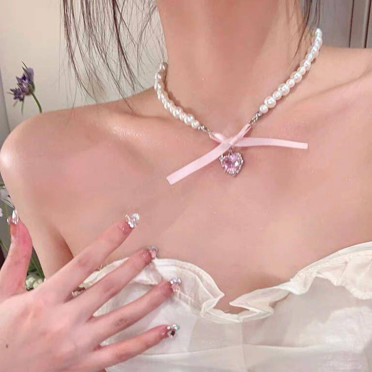 French Pink Heart Bow Pearl Princess Choker Necklace - Cute Clavicle Chain Luxury Accessory