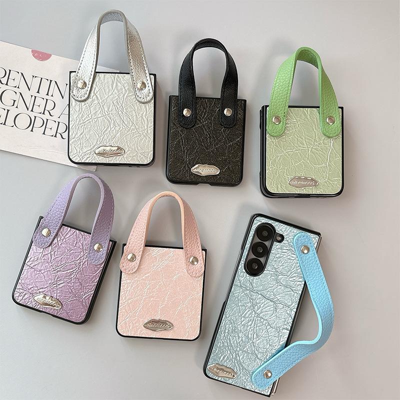 Solid Color Textured Leather Phone Case For Samsung Zflip6 Clamshell Fold7 Portable Wristband Pocket2 Women