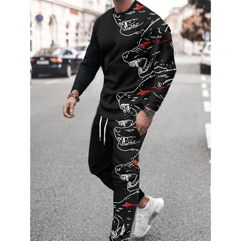 

Комплект из двух предметов: повседневная футболка с длинными рукавами и брюки на весну и осень, мужская уличная мода, принт в виде льва 3D 3XL