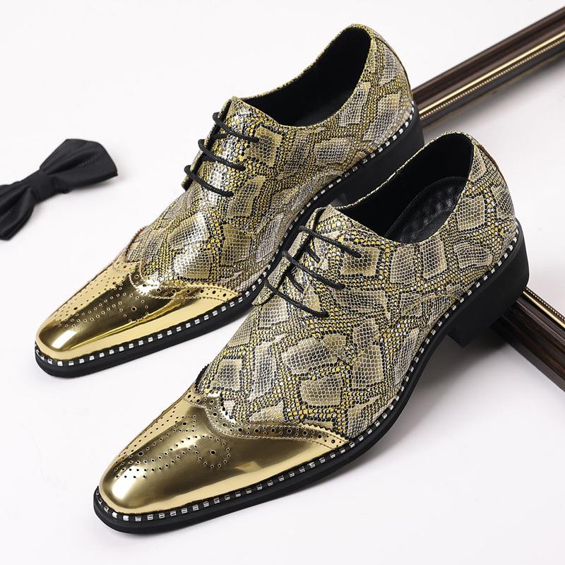 

Luxury Shoes for Men Wedding Party Nightclub Leopard Patent Leather Patchwork Fashion Mens Brogue Derby Shoe Men Lace-up Flats 38 золотий