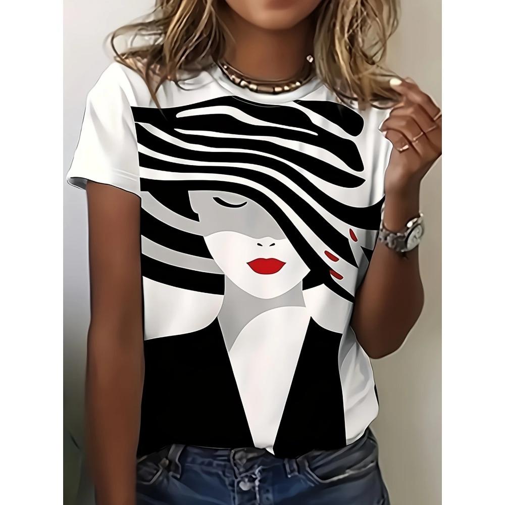 Women T-Shirts Summer Little Girl Graphic Crew Neck Short Sleeve Top