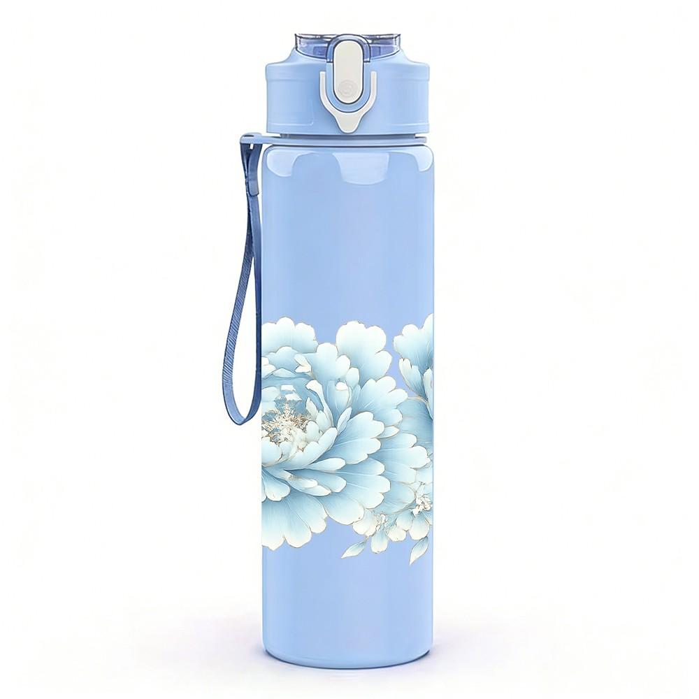 1PC White Peony Floral Pattern 750ml Color Plastic Sports Water Bottle Leakproof Flip Straw Lid Suitable for Sports Office Home Use