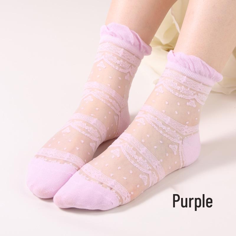 

Women s Fashion Thin Silk Socks - Transparent Crystal, Japanese Hollow Flower Design One Size