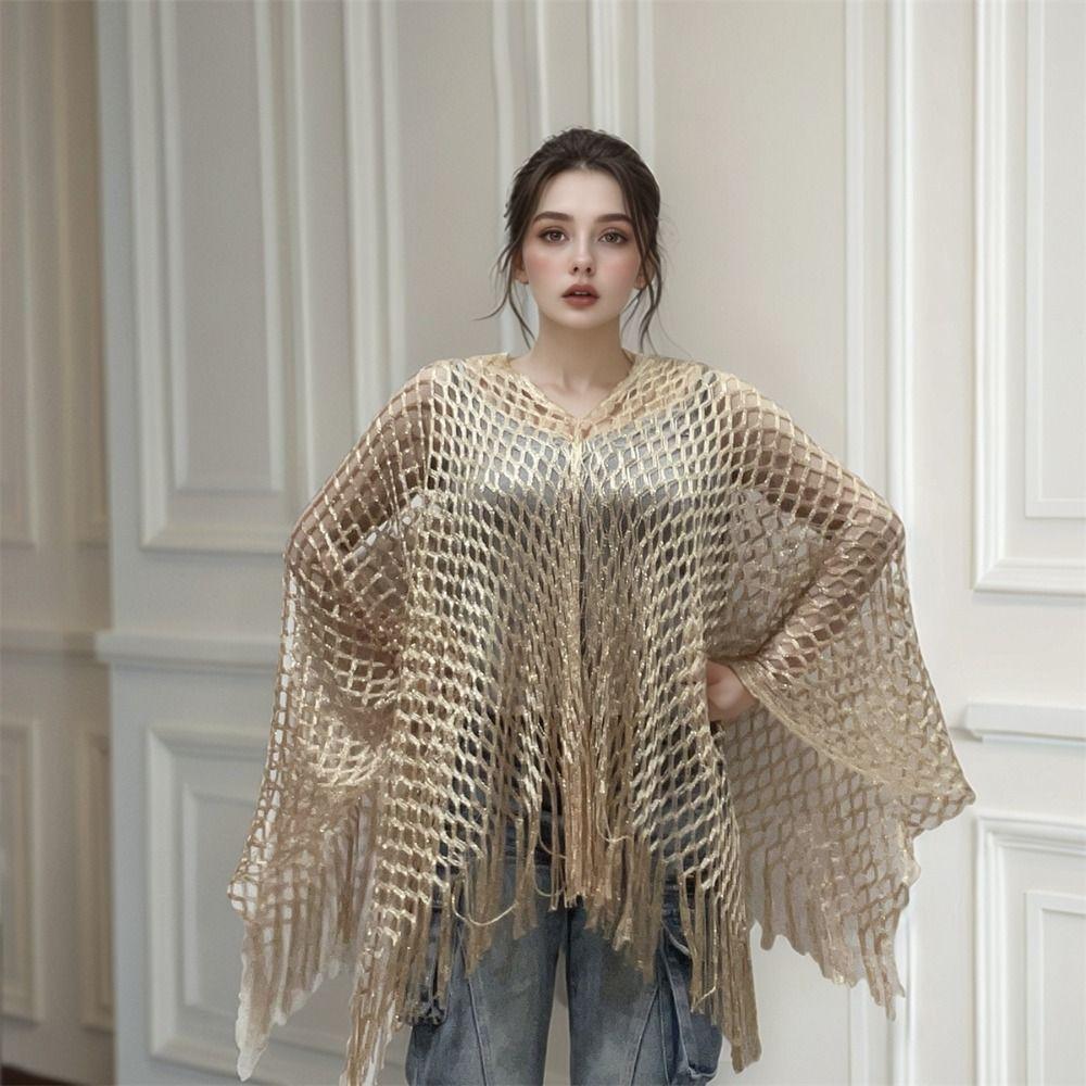 Tassel Sunscreen Cover-up Loose Fit Knit Hollow Out Top Fashion Fishnet Swimsuit Cover Up  Vacation
