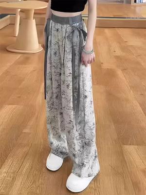 Chinese Style Ice Silk Wide Leg Pants Women Summer New Thin Cool Pants Loose Straight Leg Casual Pants