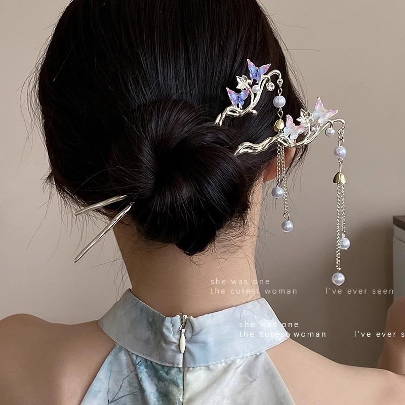 Chinese Retro Style Three-dimensional Flower Butterfly Alloy Women's Hairpin Long Tassel Chain Hanfu Updo Hair Clip Headwear