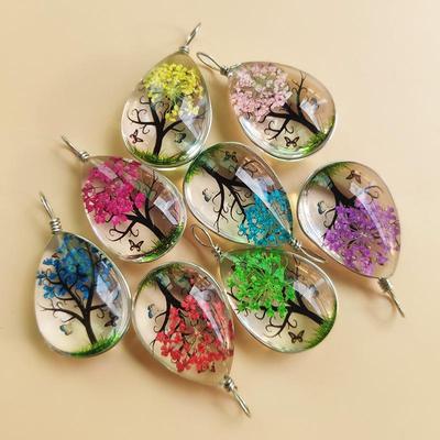 Handmade Tree of Life Dandelion Pendant Necklace with Four-Leaf Clover and Dried Flowers On Leather Rope