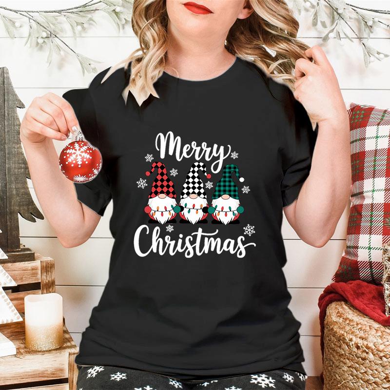 Merry Christmas Gnomes Print Womens Tshirt Fashion Casual Holiday Party Female Tops Tees Short Sleeve Tshirt Women Xmas Gift