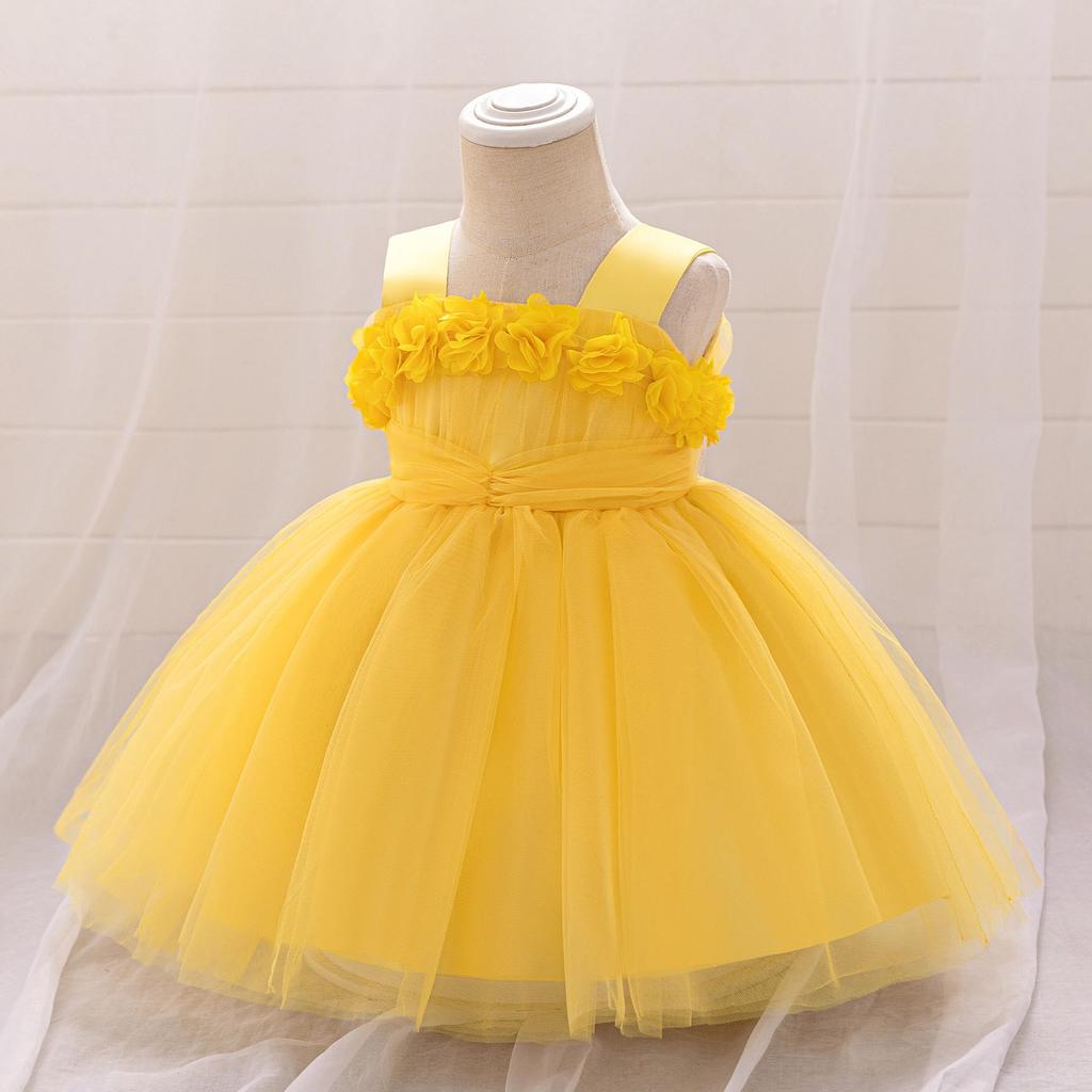 2024 Girls' Princess Dress with 3D Floral Mesh - Perfect for First Birthday