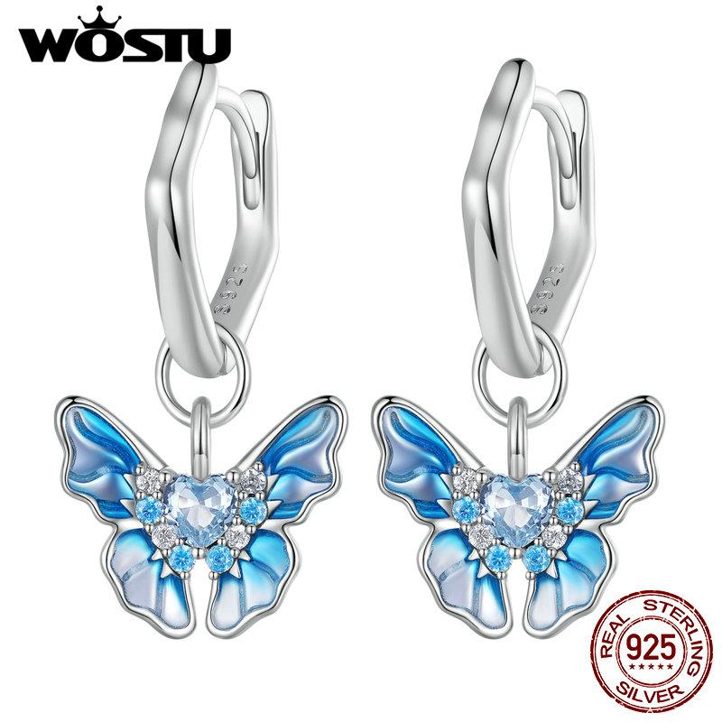 WOSTU 925 Sterling Silver Blue Butterfly Drop Hoop Earrings Women Dreamy Zircon oil printed Ear Clips Statement Wedding Jewelry
