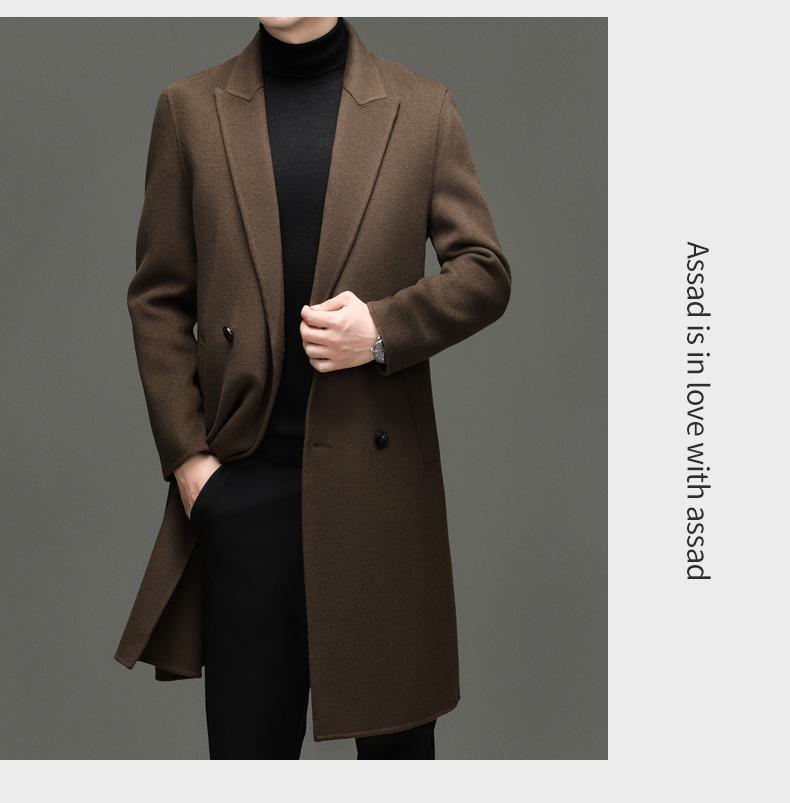 Men's 100% Wool Double-Faced Double-Breasted Lapel Collar Business Casual Long Coat