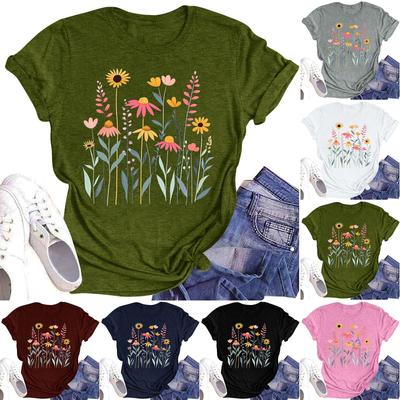 Dam Casual Rundhalsad T-shirt Topp med Blomtryck och Kort Ärm