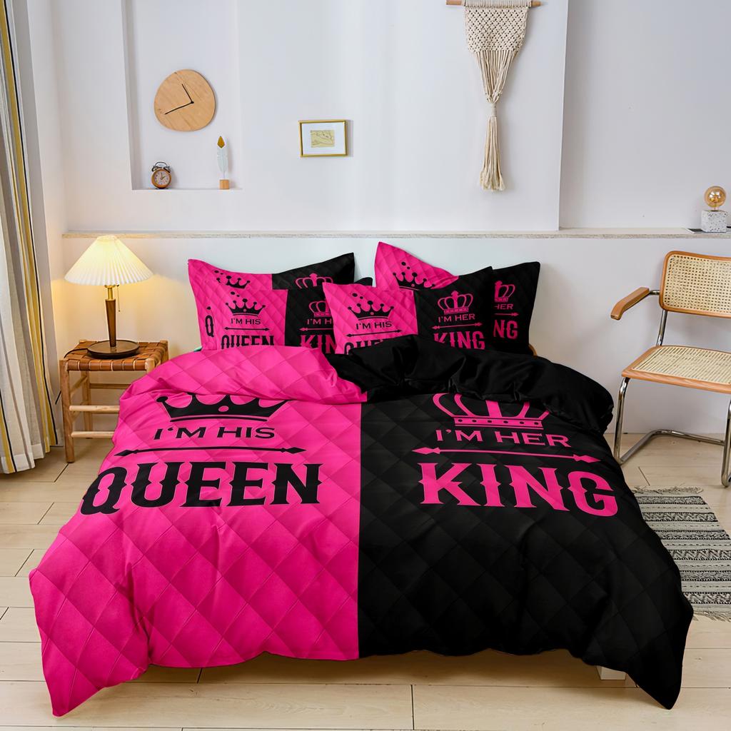 3pcs Couple's King & Queen Printed Duvet Cover SetRomantic Heart Crown Design Pink Black Contrast for Sweetness with Elegance