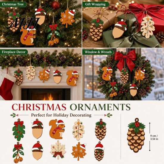 Rustic Holiday Room Decor Christmas Forest Theme Pendant, Wooden Hanging Ornaments with Squirrels Acorns and Pine Farmhouse Decorations Cones,
