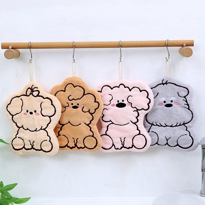 Coral fleece puppy hand towel hanging type kitchen bathroom rag double layer thickened cartoon portable non-shedding handkerchief
