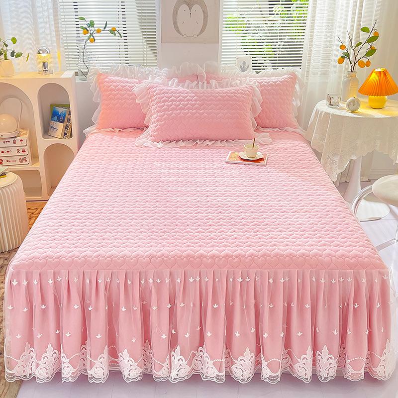 Lace Bed Skirt Thickened Quilted Coral Fleece Bedspread Mattress Protective Cover Autumn and Winter Bedding