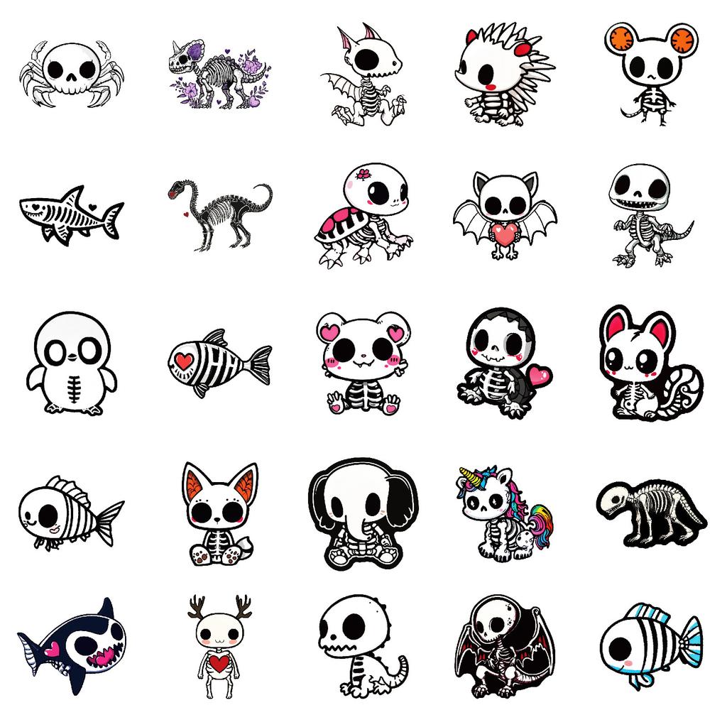50PCS Cartoon Skeleton Animal Stickers, Cute Skull Decals for Notebook Journal DIY, Waterproof Decoration