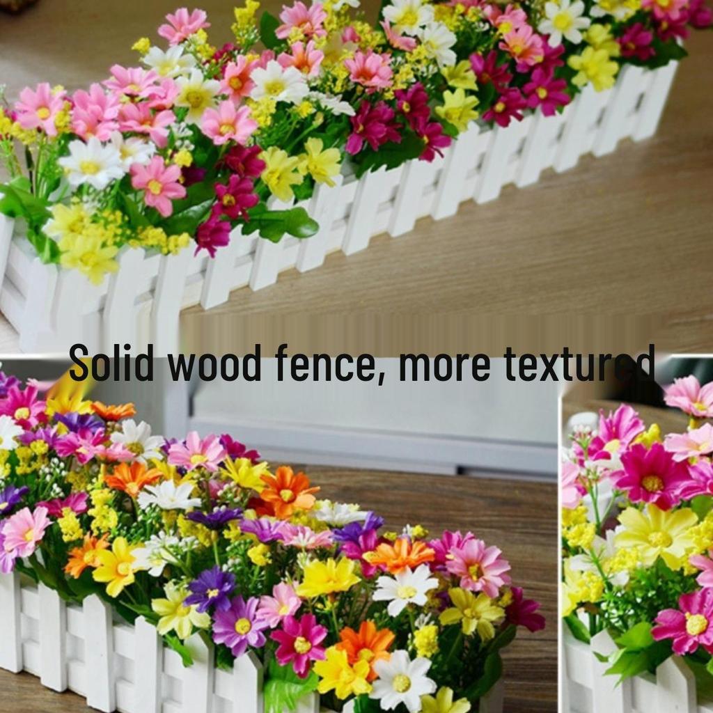 Silk & Plastic Flower Bouquet with Wooden Fence for Living Room Décor
