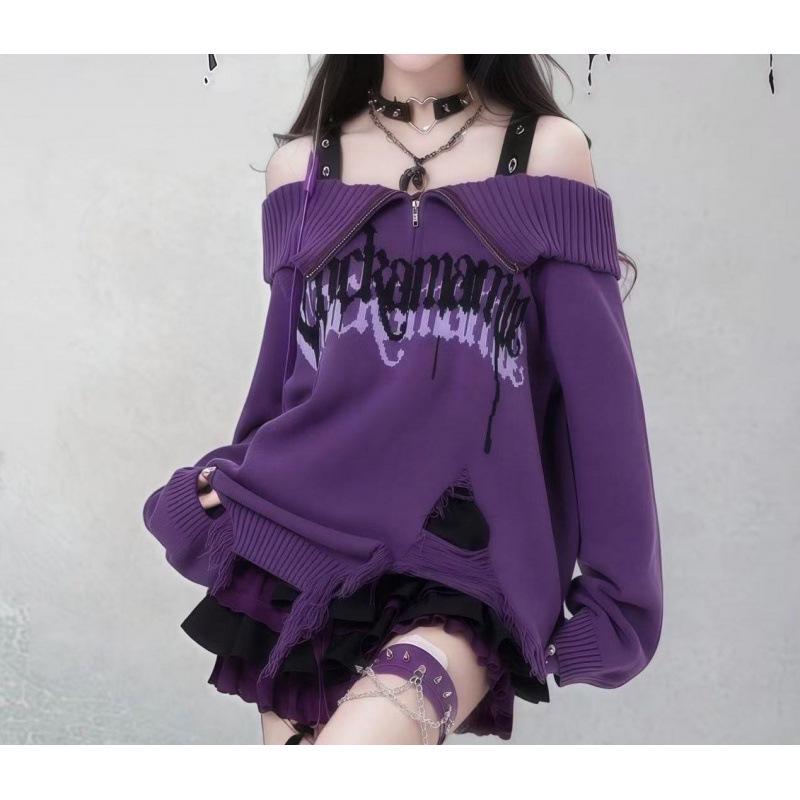 Korean Style Punk Off-Shoulder Ripped Sweater - Women's Autumn/Winter Knitted Top