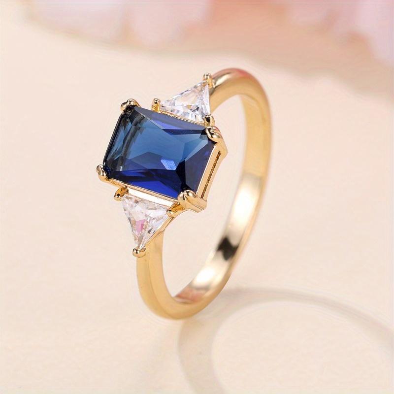 Exquisite Sparkling Blue Color Square Inlaid Zircon Ring, Suitable for Women's Banquet Party Accessories, Jewelry Gifts