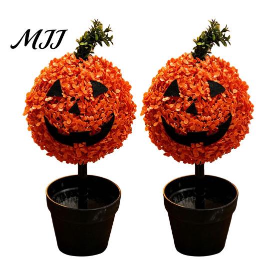 Outdoor Fall Yard Decorations Artificial Pumpkin Topiary Tree, Halloween Face Faux Boxwood Plants with Stake, Decorative Orange Autumn