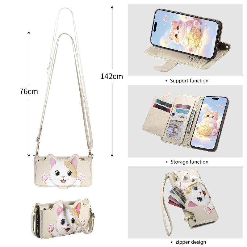 Cute Cat Leather Zipper Crossbody Flip Wallet Card Slots Phone Case For iPhone 17 16 15 14 13 12 11 Pro Max Plus 17E 16E 17Air