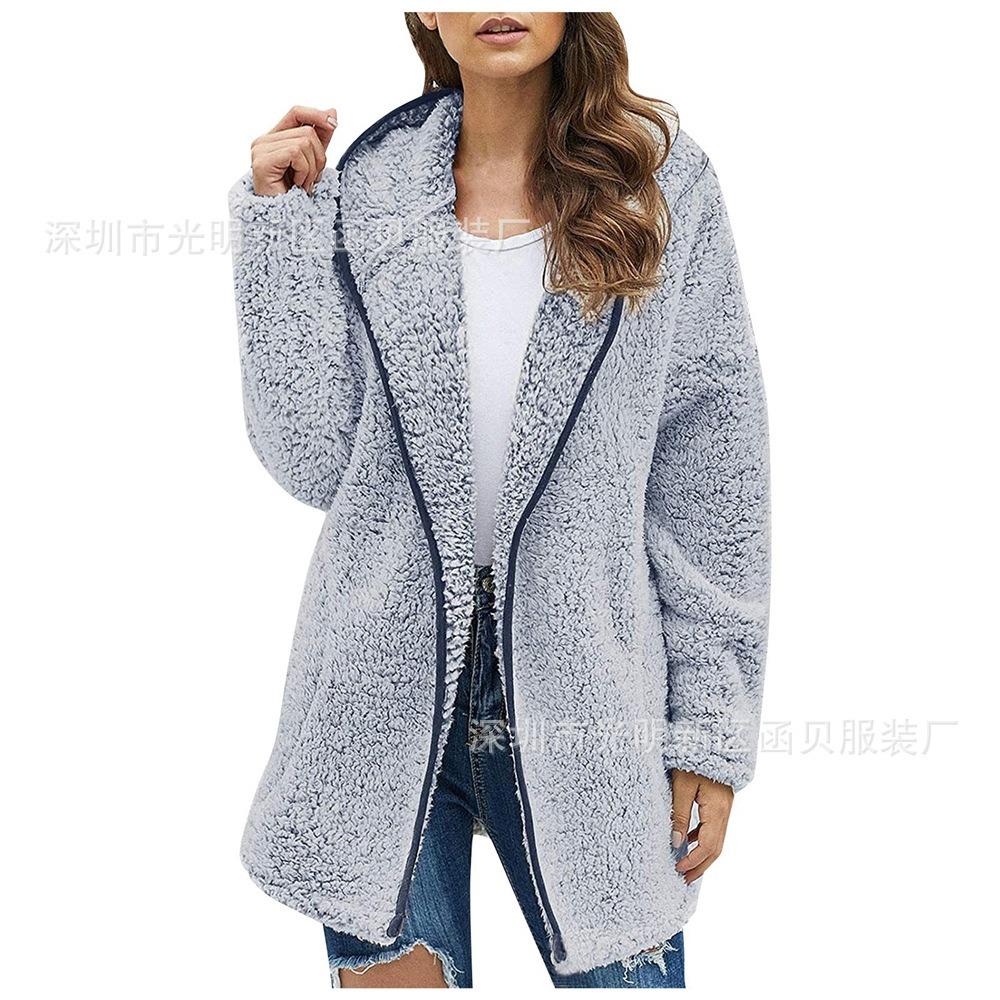 Autumn and Winter Casual Solid Colour Lapel Hooded Long-sleeved Women Plush Sweater Fleece Jacket