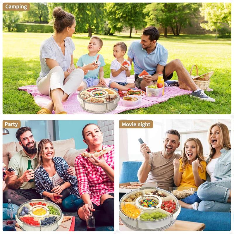 With Handle Six Division Rotating Fruit Tray Sealed Moisture-Proof Dry Fruit Tray Portable Modern Home Round Snack Box With Lid