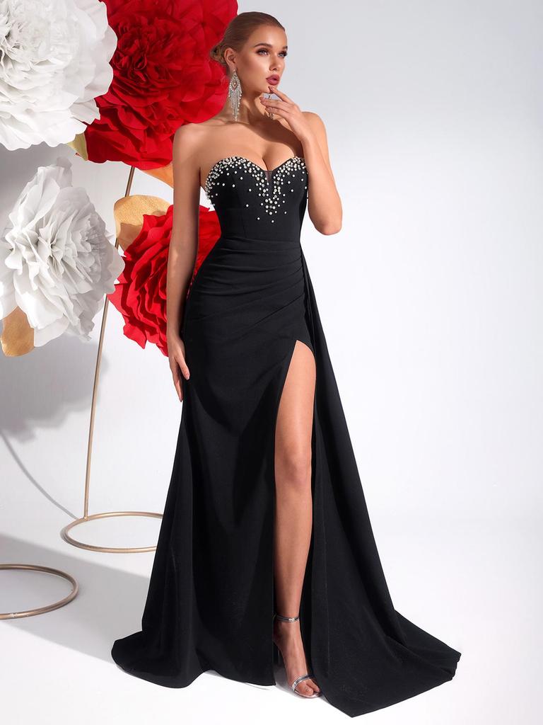 European & American Black Strapless Bodycon Dress with Slit & Rhinestones - Elegant Socialite Evening Gown
