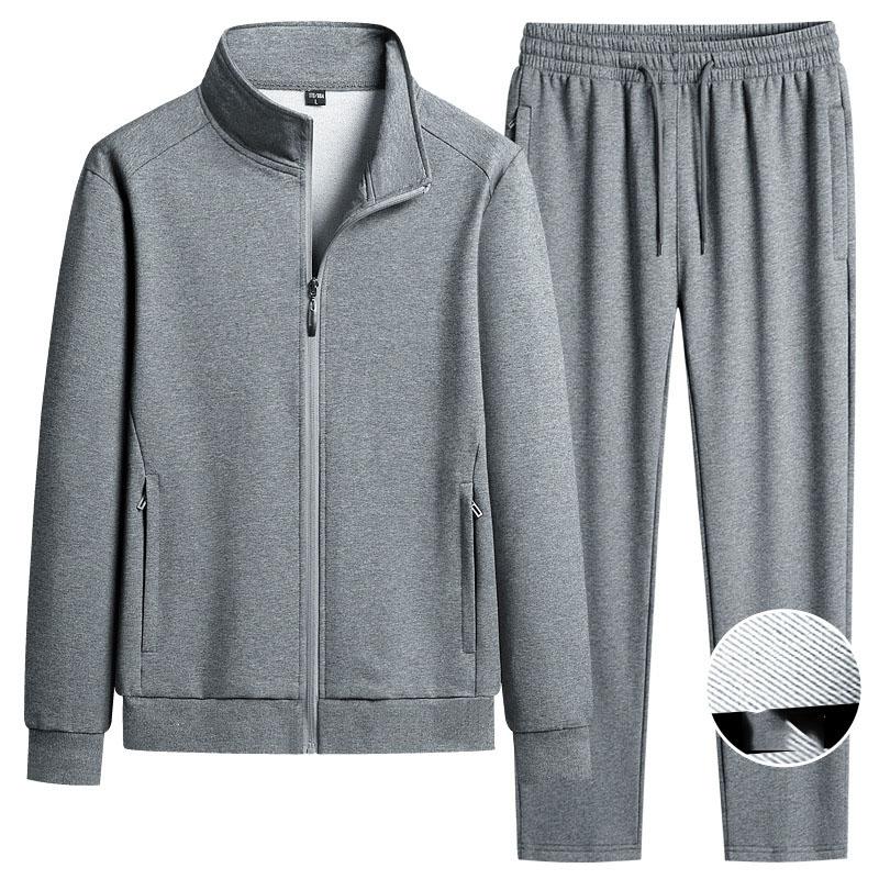 İlkbahar Sonbahar Saf Pamuk Yaka Açık Spor Takım Seti İnce Günlük Egzersiz Erkek Sweatshirt Ceket Ve Pantolon Takımı İki Parça Set