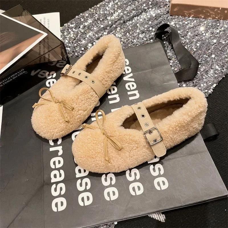 Fashion Autumn Winter Woman Shoe Real Wool Bowtie Decor Shallow Ballet Flat Shoe Women Round Toe Belt Buckle Comfortable Casual Shoe