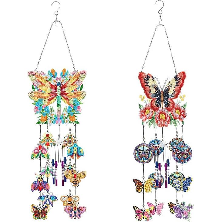 Generic DIY Dotted Diamond Art Painting Wind Chime Kit, Three-Dimensional Sun Catchers Diamonds Dot Paintings Hanging Ornaments, for Spring Garden
