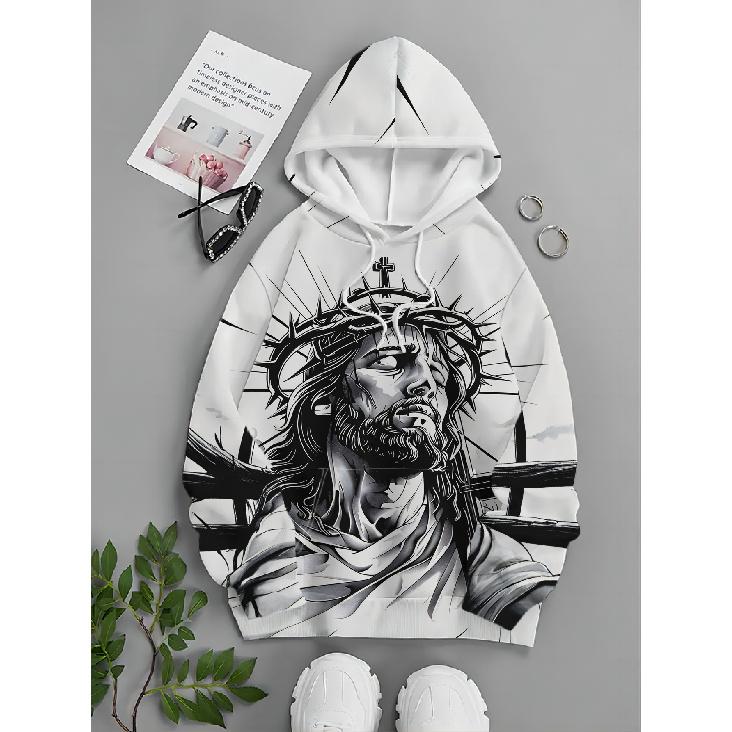 Men Streetwear Jesus Crown of Thorns Cross Print Hoodie Rich Art Graphic Loose Drawstring Pullover Sweatshirt